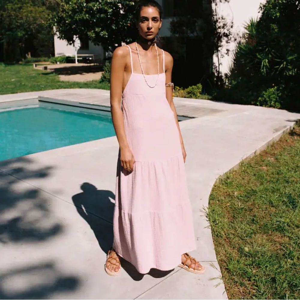 Mango MNG Flowy Maxi Spaghetti Strap Pink Bambula Dress NWT - XS/2